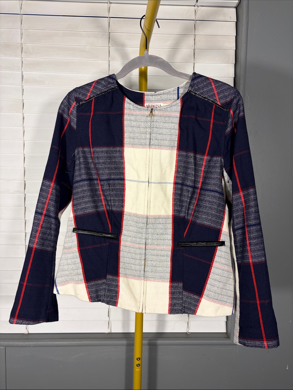 Merona Navy, Cream & Red Plaid Zip Blazer